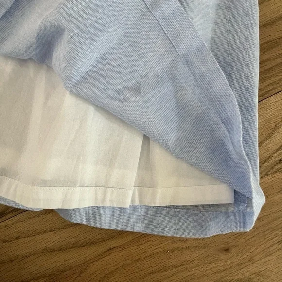 NWT Brown Bowen & Company Girls Kaki Lt Blue Linen Dress w Ruffle Collar Sleeves